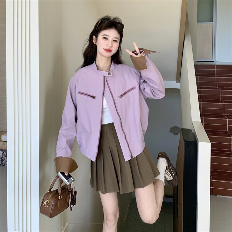 新款有货紫色拼皮夹克外套5508P145K218,女装短外套,2C176