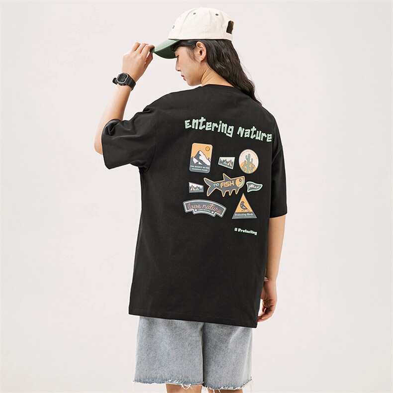 2025夏季新款男装日系潮牌纯棉印花圆领宽松短袖休闲T恤T960-F41图片