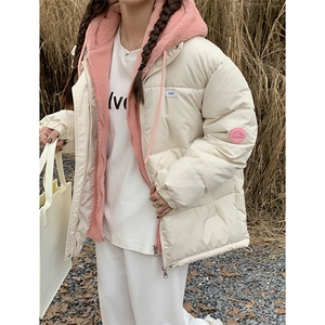 羊羔毛拼接假两件加厚连帽羽绒棉服女2023年新款日系情侣外套图片