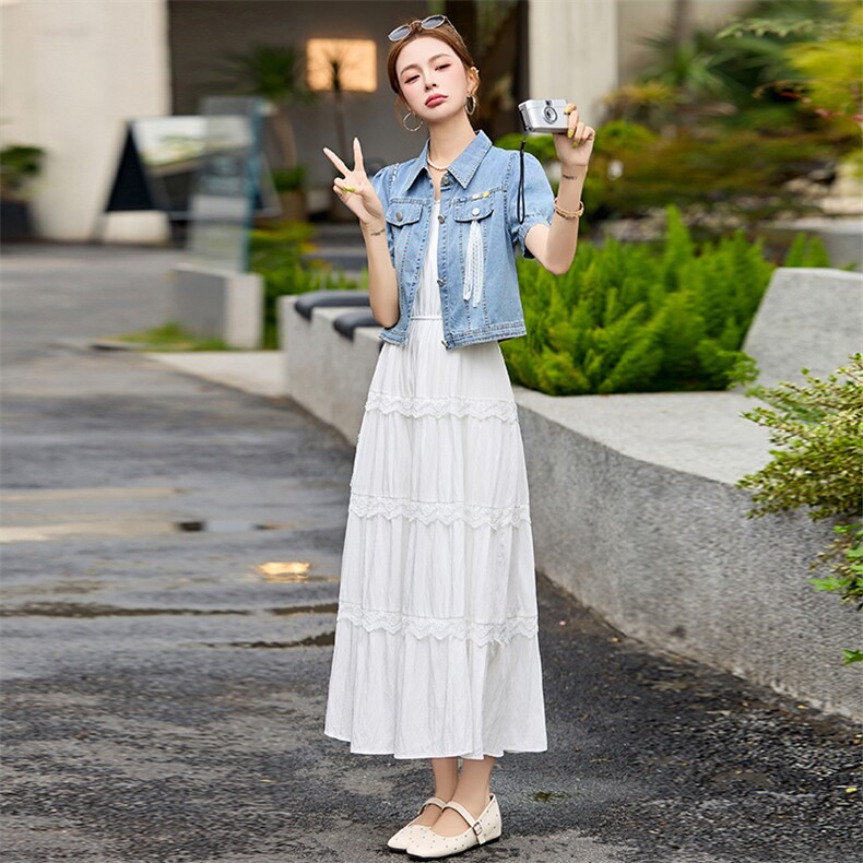 短袖牛仔两件套连衣裙女2025夏季新款外套搭配蕾丝吊带蛋糕裙套装，女装套装/套裙，依路服饰