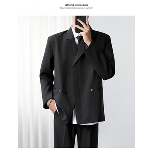 轻熟风双排扣垫肩小西服男士痞帅高级感休闲西装外套单西修身秋装图片
