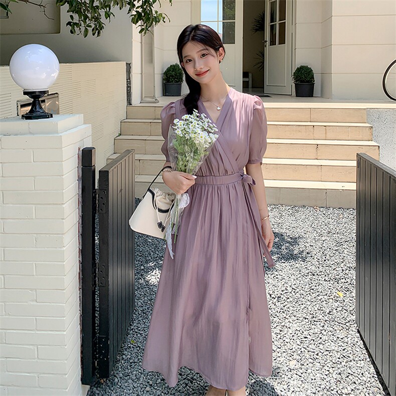 紫色轻熟风V领收腰显瘦连衣裙女2023夏季新款法式气质感桔梗长裙,女装连衣裙,一九零