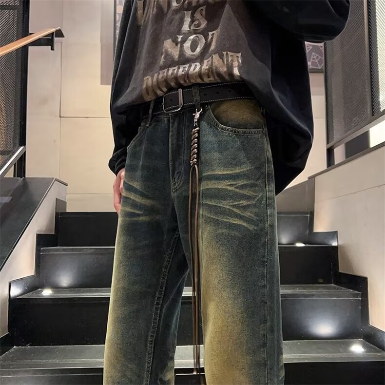 复古高街牛仔裤男秋季美式潮牌水洗做旧裤子宽松直筒微喇长裤,男装牛仔裤,星座410-6（原星座1304-1）