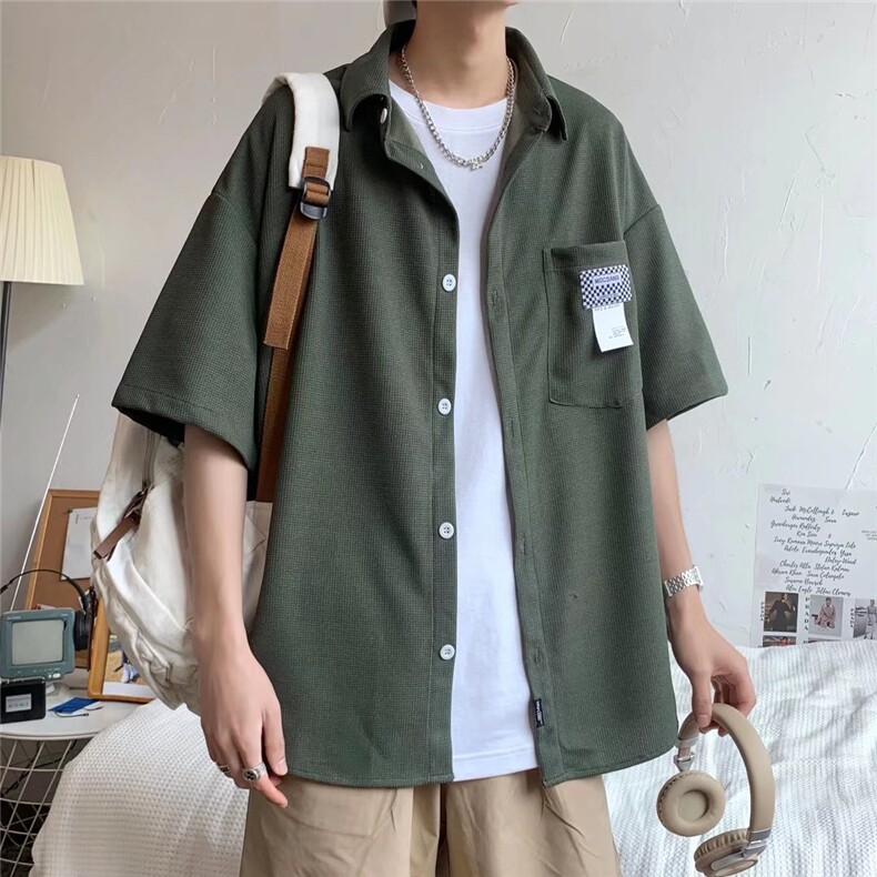 简约2023夏季短袖衬衫男士夏季薄款华夫格绣标衬衣C4026P30图片