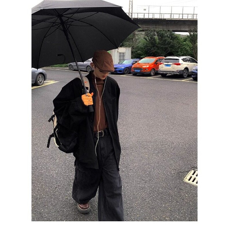 全黑廓形大版外套复古水洗全棉万针刺绣防风衣,男装夹克,星座506A