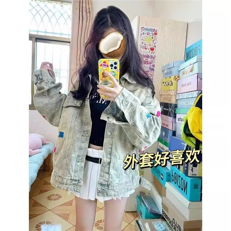 现货美式高街轻奢感法系背面提花翻领水洗做旧毛巾绣宽松牛仔外套,男装工装外套,星座302B-3