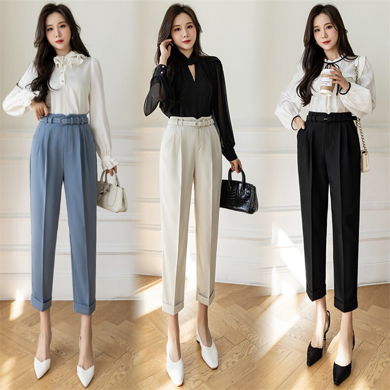 小脚萝卜裤春夏新哈伦9分裤高腰黑色通勤直筒休闲高腰烟管长裤，女装短裤/热裤，美吧服饰