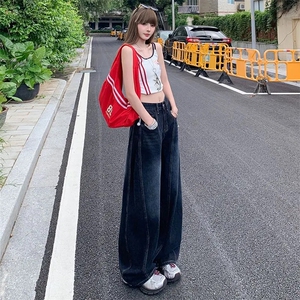大码胖mm美式复古刺绣弯刀牛仔裤女夏季设计感小众宽松阔腿拖地裤图片