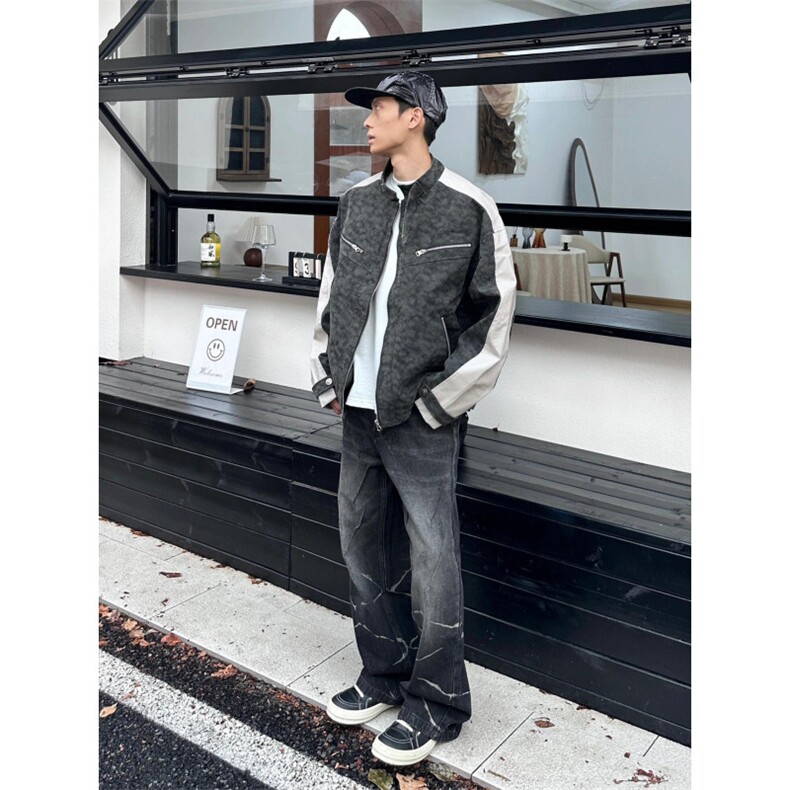 【有货】美式复古扎染皮衣外套男高级感痞帅拼接夹克3606CC-特P85,男装夹克,星座1007（原301D）