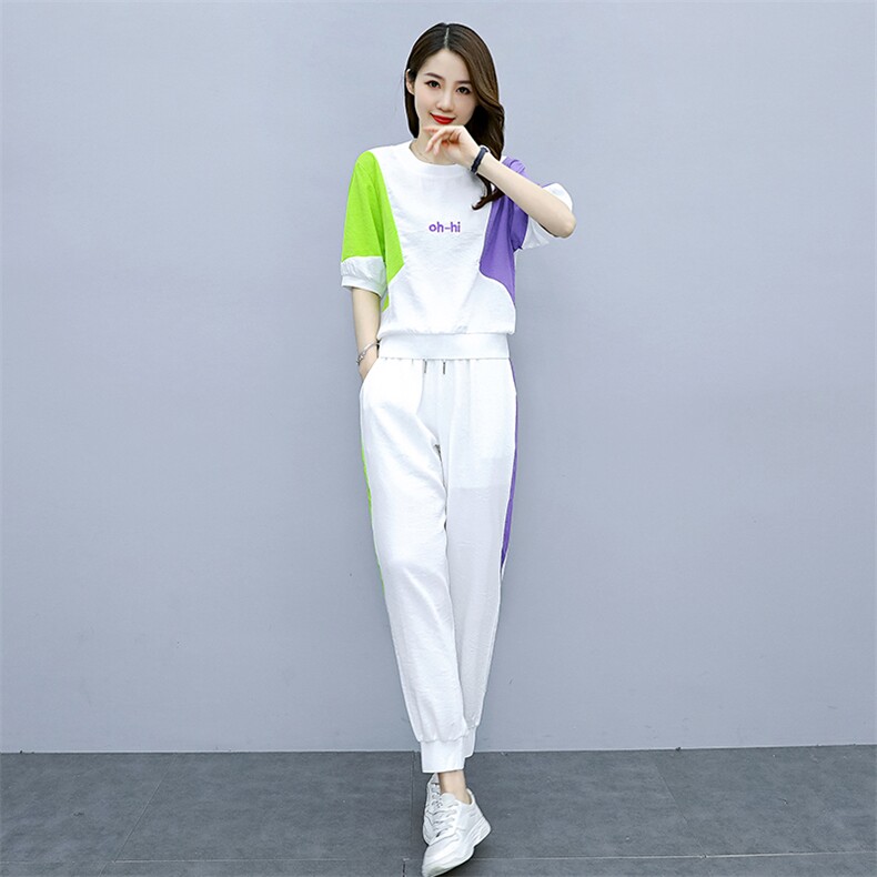 2021夏季新款简约时尚休闲气质圆领拼色舒适两件套,女装套装/套裙,秋水欣儿