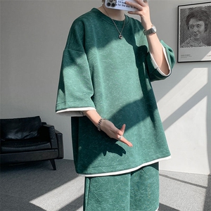 TZ775-特P50 控88 新款撞色拼接假2件套装短袖短裤T恤大码百搭图片