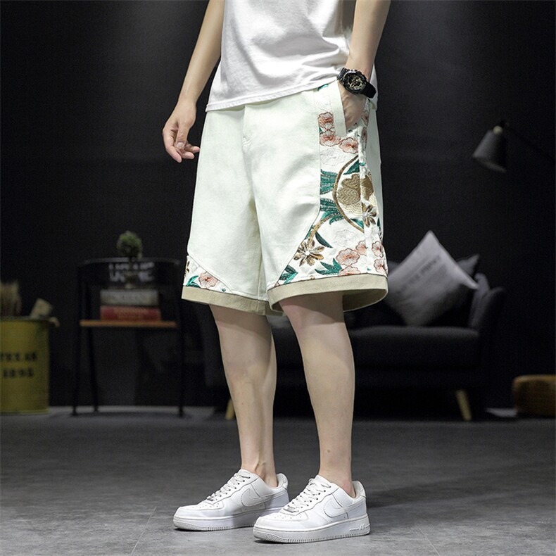 复古风刺绣工装短裤男潮牌街头宽松阔腿休闲百搭中裤K41-P60，男装牛仔裤，星座816-2（原B366-1）