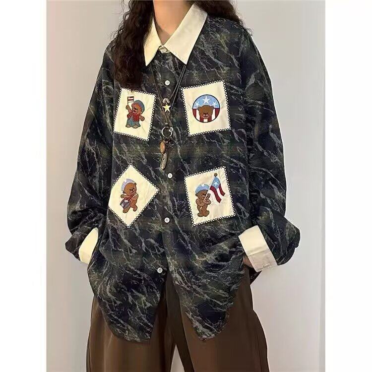 春夏美式复古格子衬衫小熊贴布绣长袖衬衫休闲衬衣上衣3026-P42,男装衬衫,星座1001-1