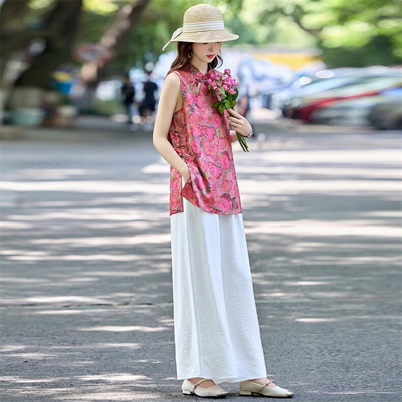 新中式国风女夏季新款高级感显瘦马甲阔腿裤流行街服饰,女装衬衫,罗腾