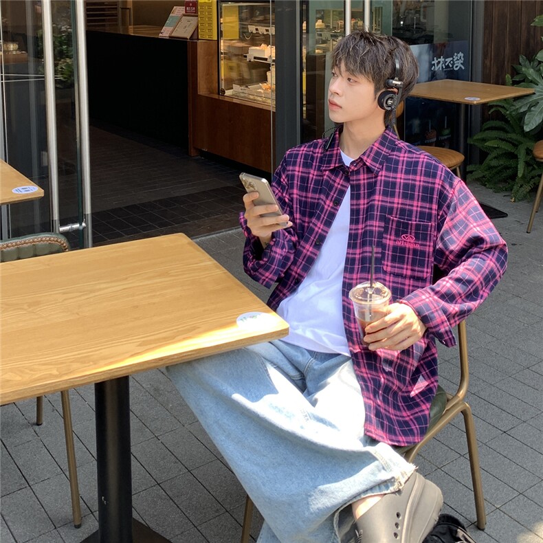 B413-1-DX877美式复古长袖格子衬衫男休闲百搭潮流宽松衬衣外套图片