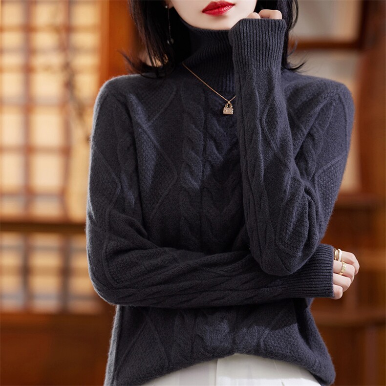 秋冬新款高领羊毛衫女士宽松慵懒纯色绞花加厚针织毛衣,女装羊毛衫,赛冬羊绒
