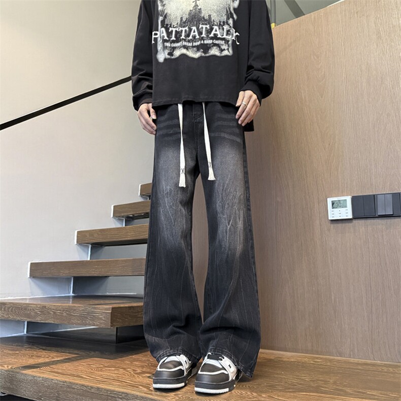 闪电纹黑色牛仔裤直筒裤子宽松水洗痞帅阔腿裤310A-4-NZ59-P50,男装牛仔裤,星座310A-4