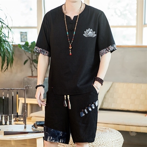 刺绣夏季亚麻风男装套装棉麻短裤T恤两件套A266-1-TZ4957-P75图片
