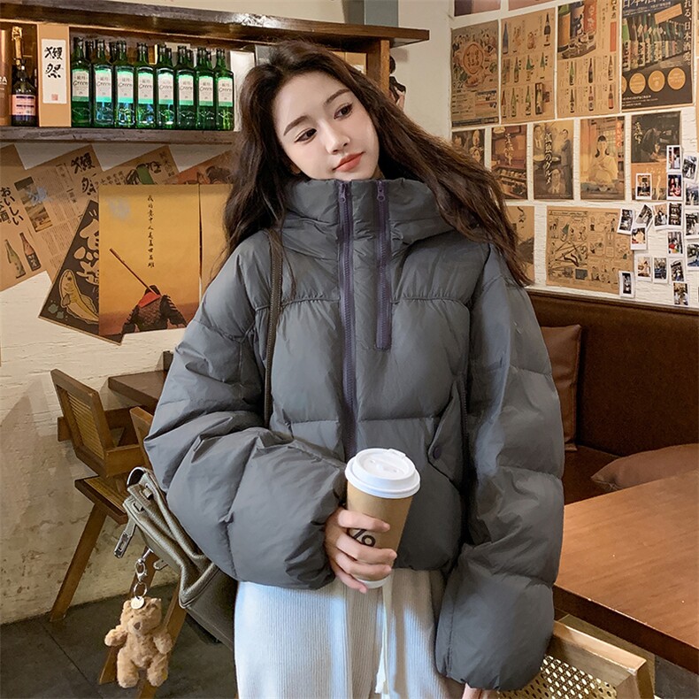 灰色连帽短款羽绒服女2025冬季新款今年流行设计感加厚保暖面包服,女装羽绒服,2C262