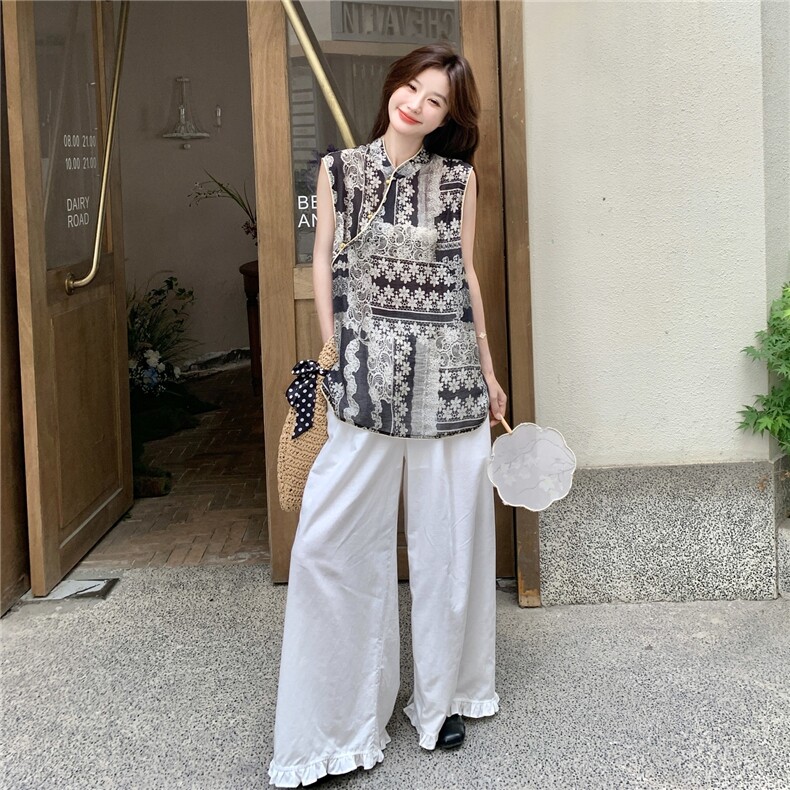 新中式国风绝美拼色包边小衫女夏季2025新款复古盘扣印花无袖上衣,女装蕾丝衫/雪纺衫,秋水欣儿