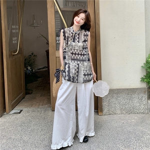 新中式国风绝美拼色包边小衫女夏季2025新款复古盘扣印花无袖上衣图片
