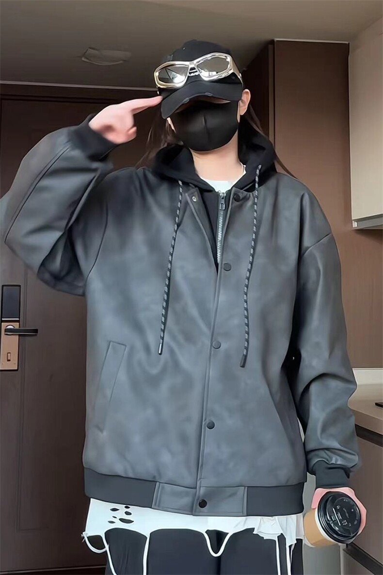 现货2026春秋款潮男假两件连帽皮衣夹克外套A436-D216-P80,男装夹克,电商A436