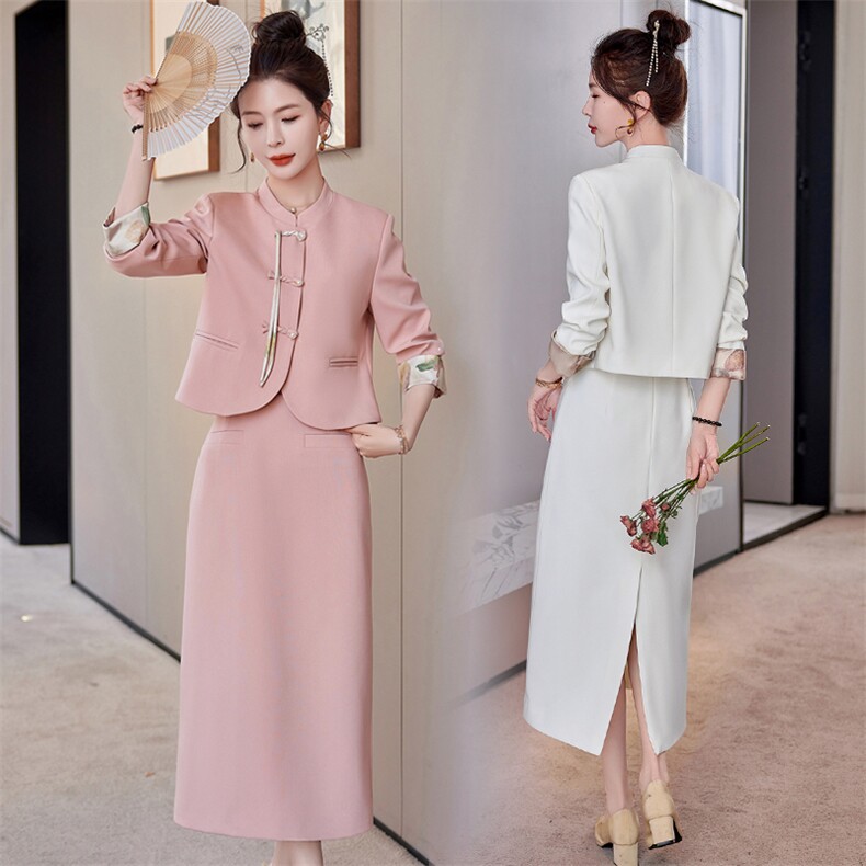 新中式国风套装裙2025春秋新款高级感小香风洋气盘扣西装两件套女，女装套装/套裙，半夏