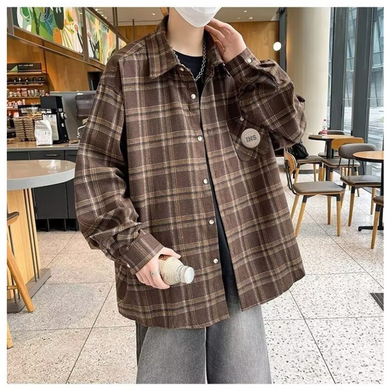 复古棕咖色格子衬衫男春秋磨毛衬衣外套1001-1-CS51-P40图片
