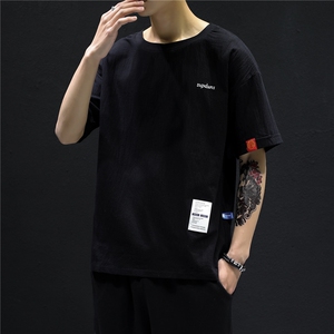T215男士休闲风棉麻亚麻透气凉爽T潮男装大码胖子高个黑墙风图片