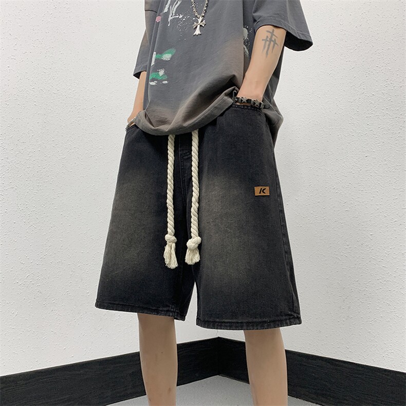 裤子2023新款夏装休闲短裤男港风休闲裤宽松直筒N05533-P40,男装牛仔裤,星座308B-1