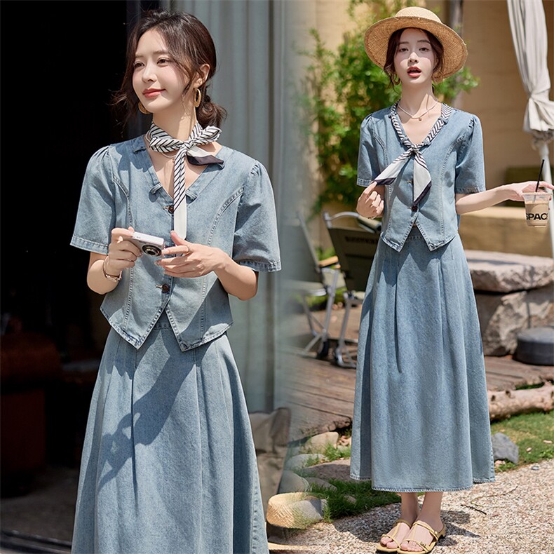 夏装薄款休闲牛仔套装裙女2025新款时尚通勤气质显瘦高级套两件套，女装套装/套裙，依路服饰