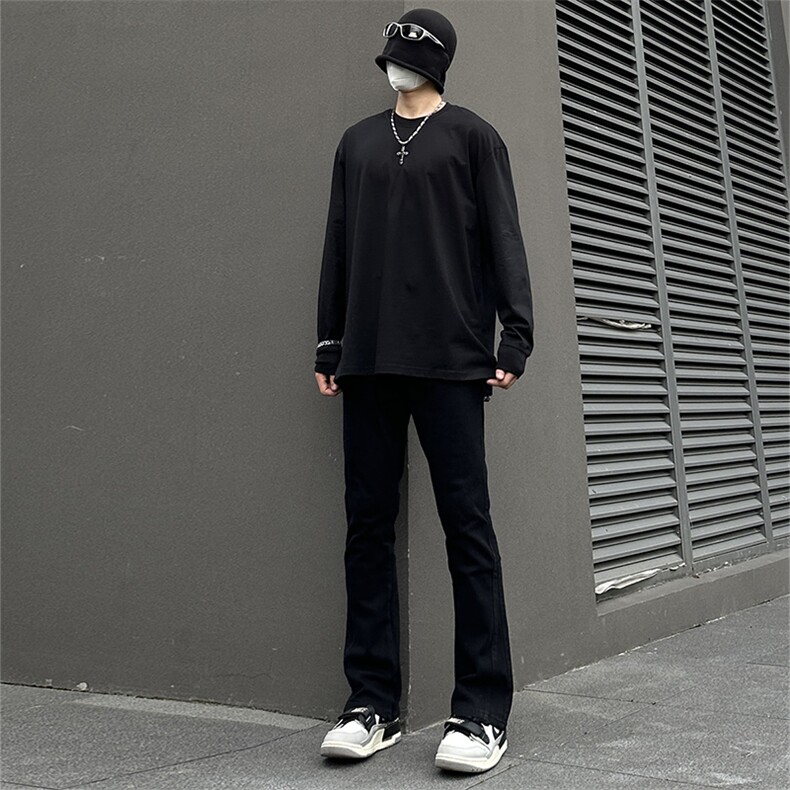 纯黑色高弹修身直筒大码微喇毛边牛仔裤男K860-K866-P50图片