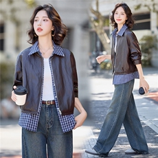 3120时尚格纹拼接皮衣外套，女装皮衣，香莘料