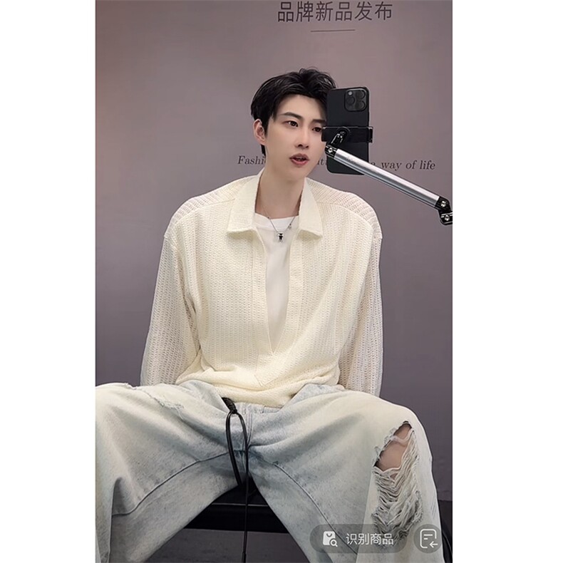 早秋高品网红假两件镂空长袖针织宽松衬衫男CS896-P68（网图参考,男装衬衫,电商B267