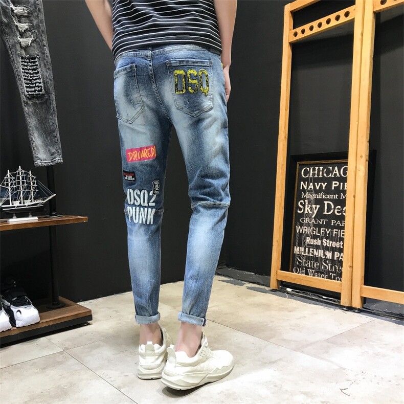 2021潮牌弹力牛仔裤男时尚印花修身小脚裤九分裤QT6027-89031,男装牛仔裤,电商D218