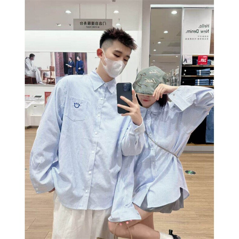 条纹衬衫男女长袖韩版潮流刺绣宽松百搭2025夏ins外套CY1112-P38,男装衬衫,星座412-3