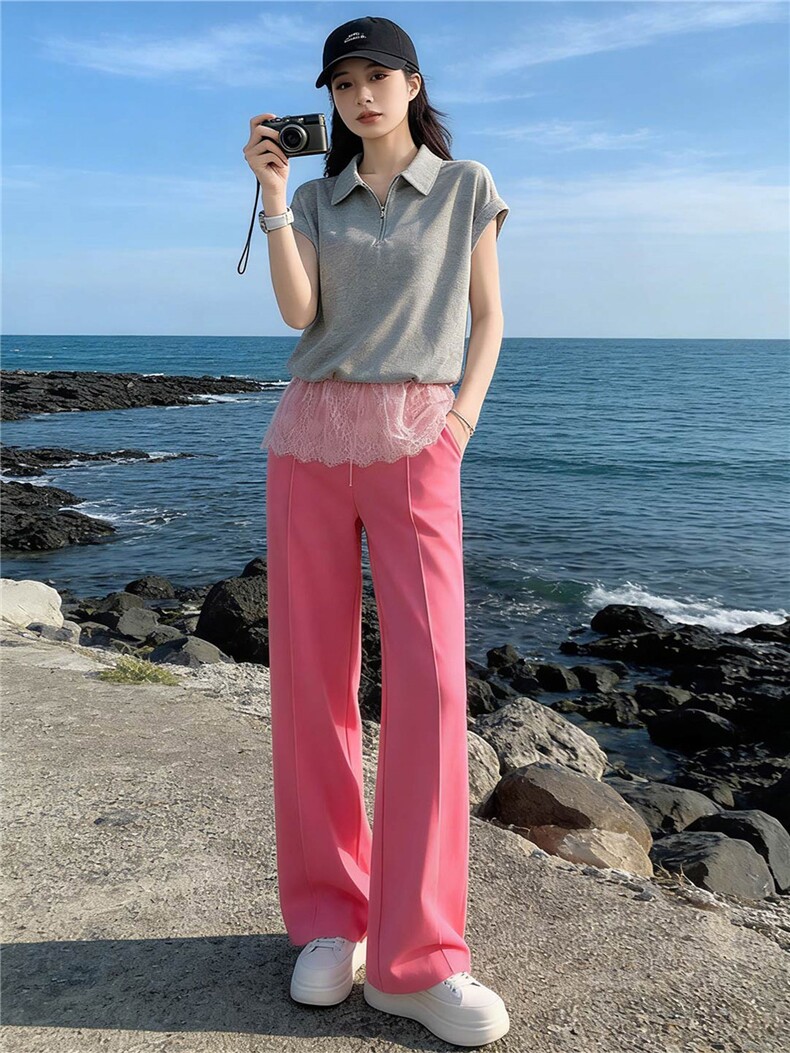 女夏季新款欧韩时尚休闲运动套装蕾丝拼接短袖高腰阔腿长裤两件套,女装套装/套裙,江南