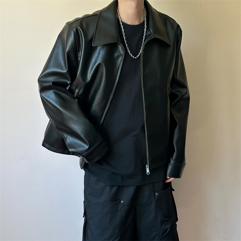 秋季新款短款夹克皮衣潮男设计感上衣外套A351-AP2595-P100,男装皮衣,电商A351