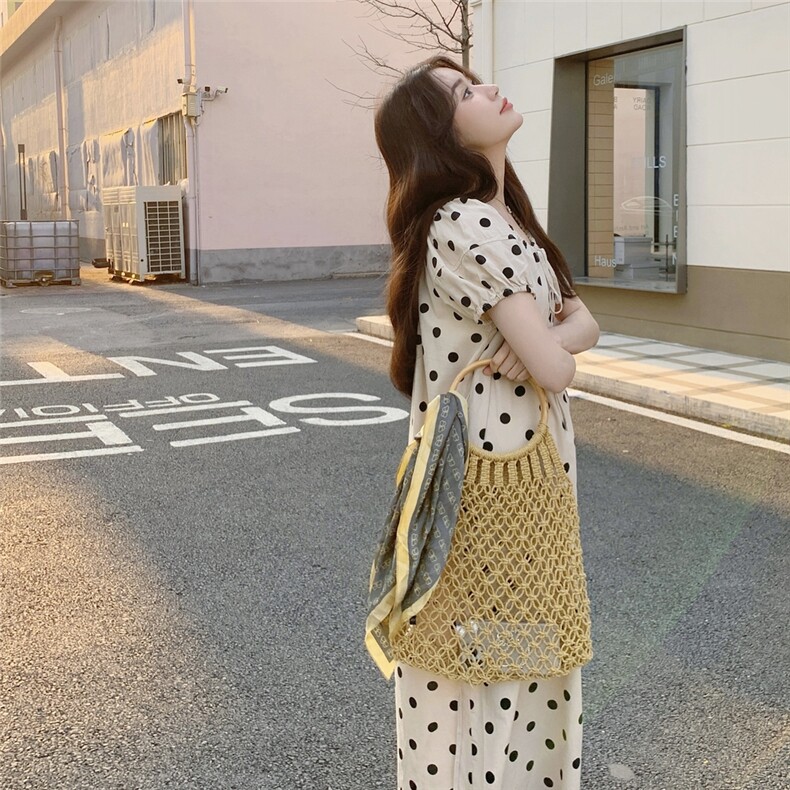波点泡泡袖连衣裙女夏季2025新款法式宽松休闲穿搭温柔风度假长裙,女装连衣裙,2C217