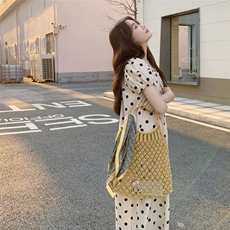 波点泡泡袖连衣裙女夏季2025新款法式宽松休闲穿搭温柔风度假长裙，女装连衣裙，2C217