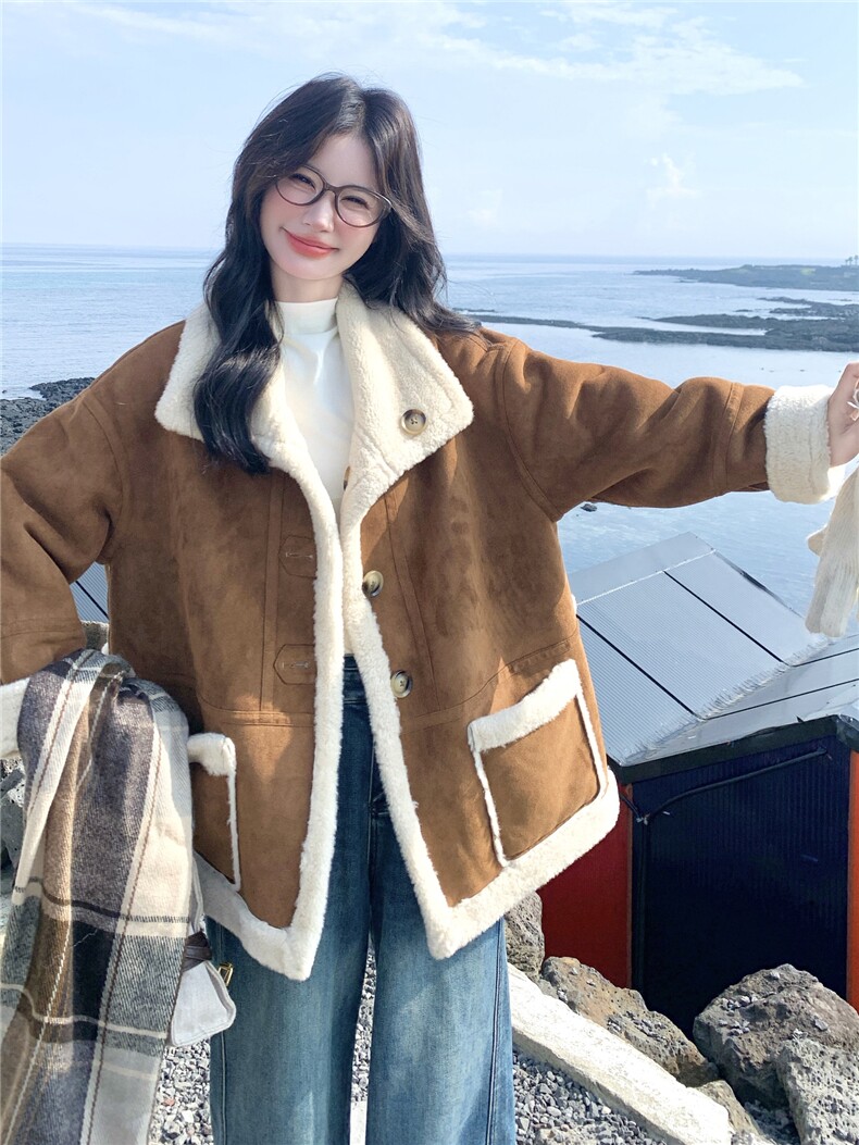 减龄两面穿咖色皮毛一体外套女冬季2025新款羊羔毛小个子加厚棉服,女装羊羔毛/颗粒绒,诺蝶