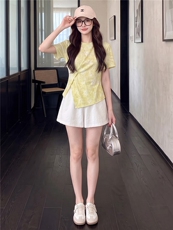 欧韩时尚潮流套装女夏新款圆领印花侧开叉短袖上衣蕾丝短裤两件套，女装套装/套裙，江南
