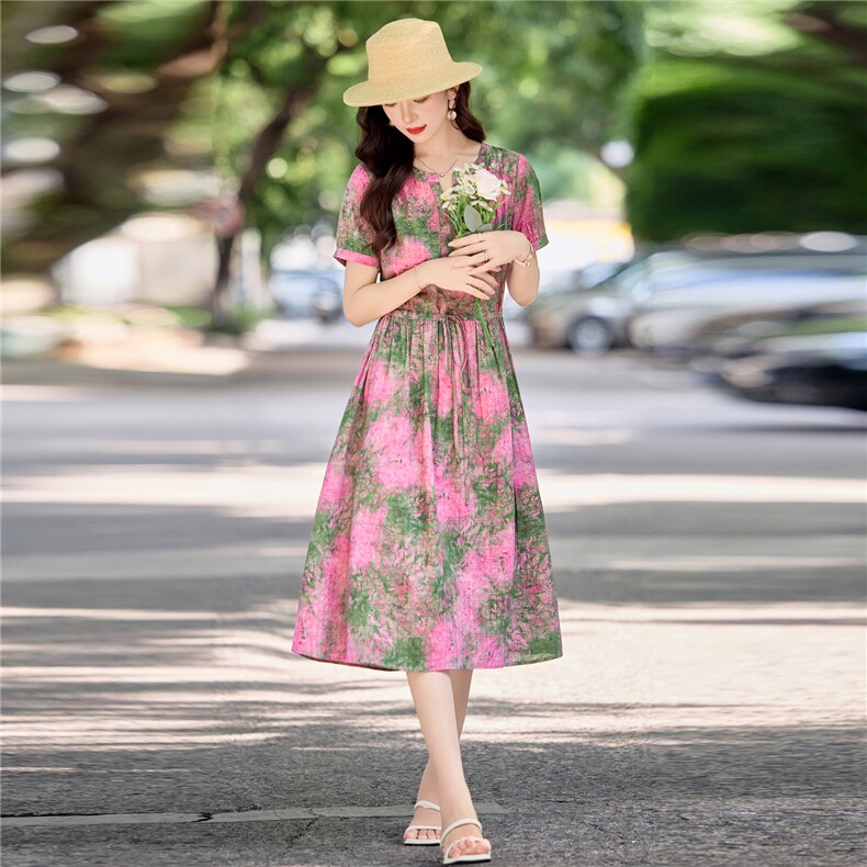 温柔甜美印花棉麻短袖连衣裙女2026夏季薄款舒适系带收腰气质长裙,女装连衣裙,倪叶myz