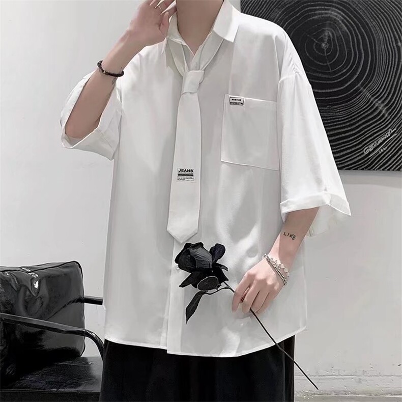 短袖衬衫男ins夏季薄款五分袖衬衣外套宽松潮牌港风上衣潮流百搭,男装T恤,星座1210-1