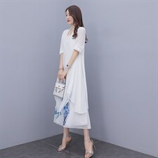 广东十三行连衣裙女大码胖mm显瘦春夏中年妈妈雪纺印花裙，女装连衣裙，秀美人生