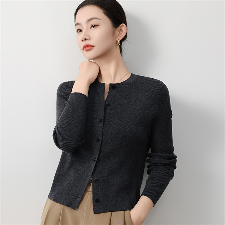 针织开衫外套女叠穿坑条修身圆领长袖上衣春秋新款配吊带外搭毛衣,针织衫/毛衣,佳绒包芯纱店