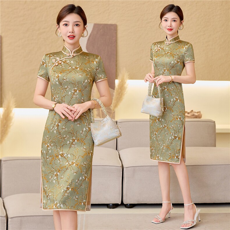 杭州品质真丝中长裙复古印花连衣裙女春夏日常修身潮流真丝旗袍,女装汉服/婚纱/旗袍/礼服,小荷流
