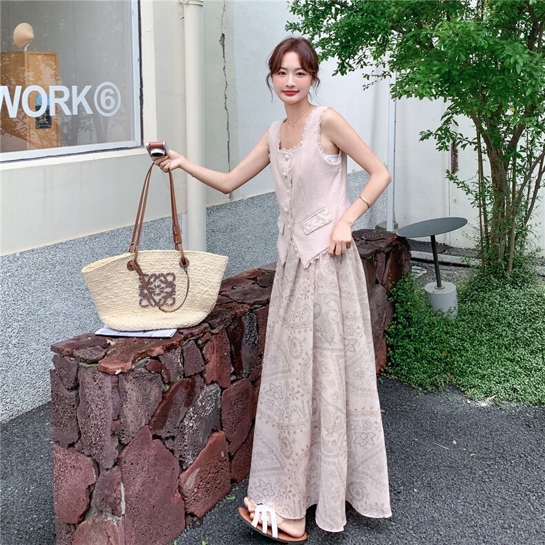 新款P195-K315小香风时尚气质高级感背心印花半身裙两件套,女装套装/套裙,网红馆