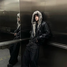 2025冬季潮毛领连帽仿兔毛座山雕皮棉服cleanfit短宽棉衣派克服，男装棉衣，星座506A