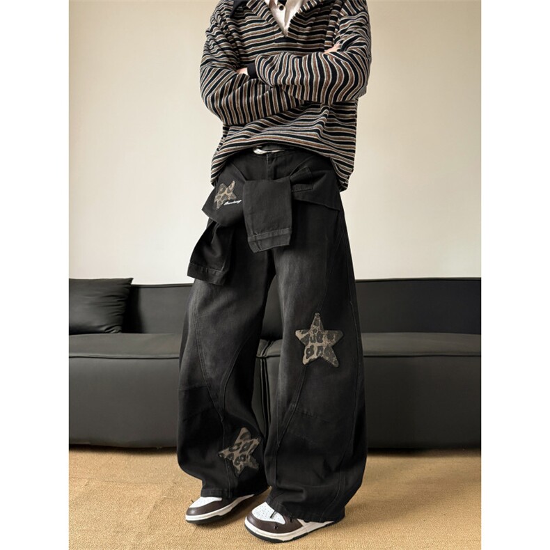 美式hiphop豹纹星星刺绣弯刀牛仔裤男女宽松直筒嘻哈绑带阔腿裤,男装牛仔裤,星座410-6（原星座1304-1）